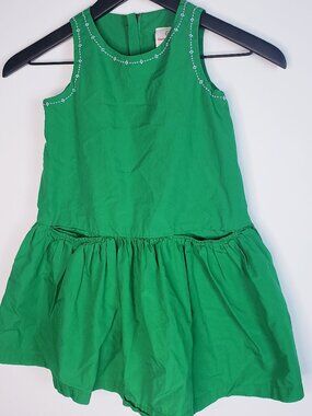 Hanna Andersson 110 Green Dress Blue Trim Sleeveless 2 Pocket Zip Back Dress